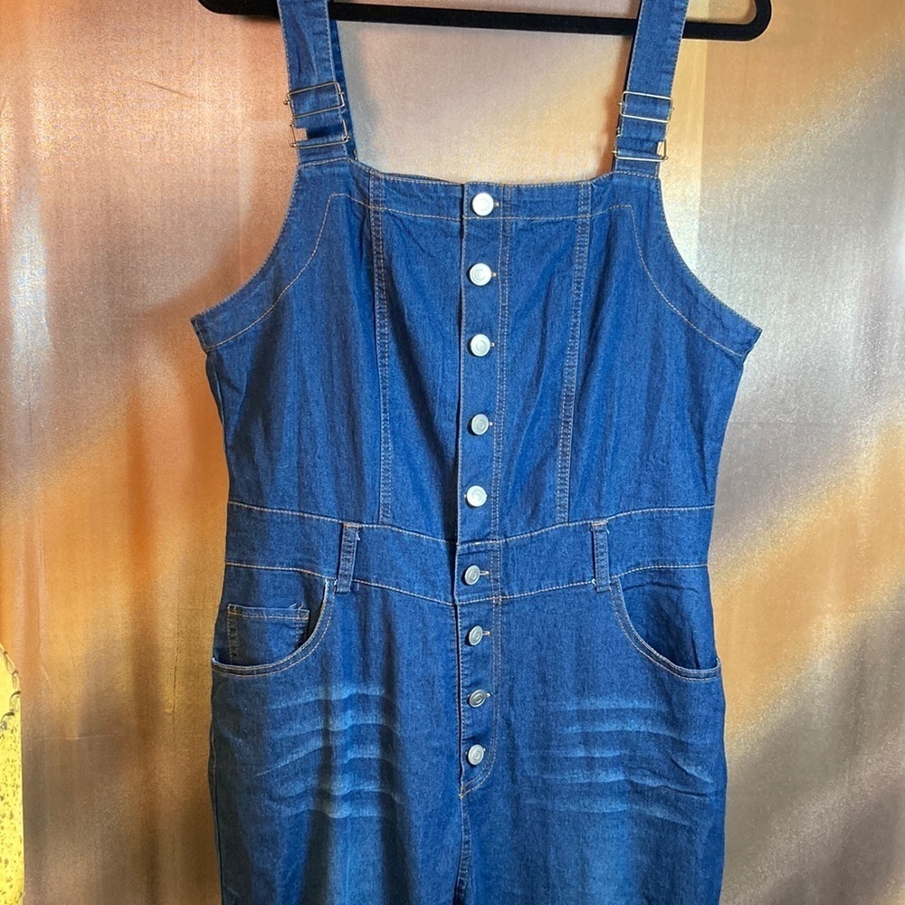 Stretchy Strappy Overalls Bell‎ Bottoms Denim Jumpsuit  Blue Size XL 130
